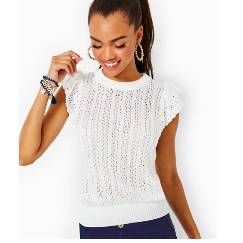 Lilly Pulitzer Joliette Short Sleeve Crochet Knit Sweater Resort White Coconut